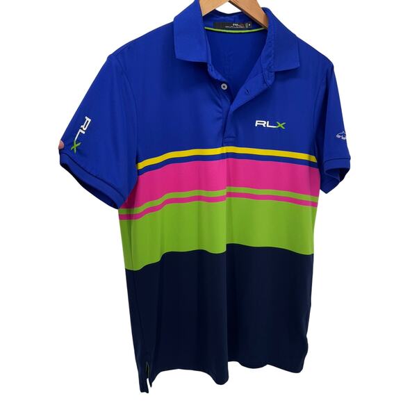 RLX Polo Shirt Mens Medium Blue Pink Green Yellow Golf Bird Logo Ralph Lauren - Picture 3 of 10